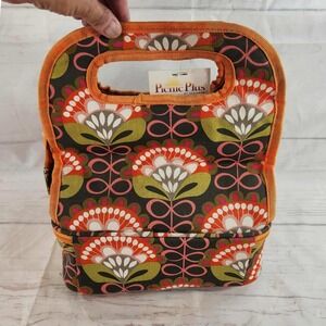 Picnic Plus Insulated Lunch Bag Orange Floral Pattern Zip Closure w/ Plastic Box